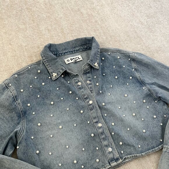 PTCL Pearl Blue Cropped Long Sleeve Shirt Top Shacket L - Picture 3 of 10